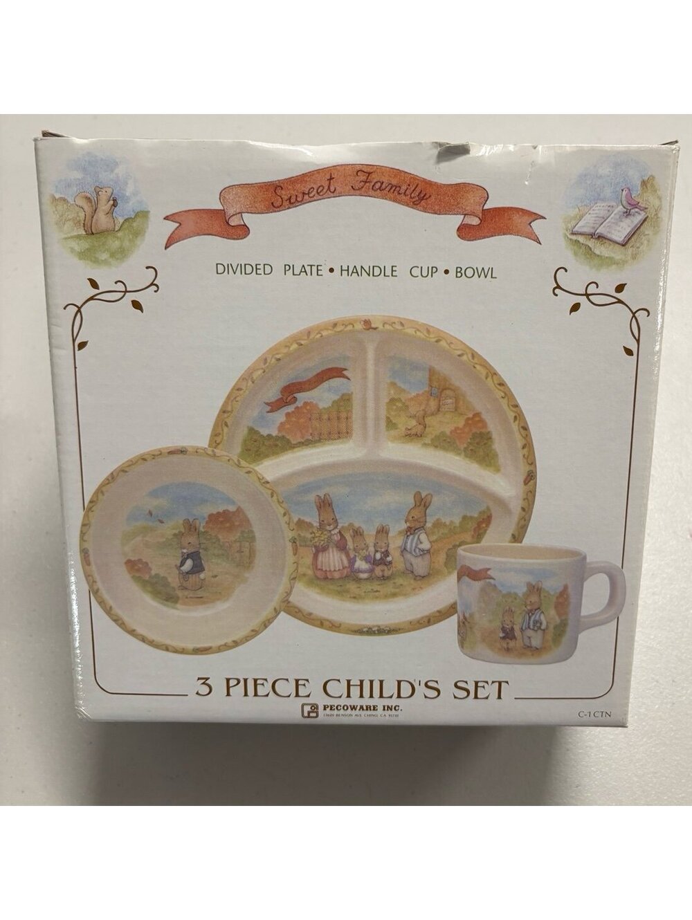 Pecoware Sweet Family Bunny Rabbit 3-Piece Child's Melamine Dish Set NIB NOS